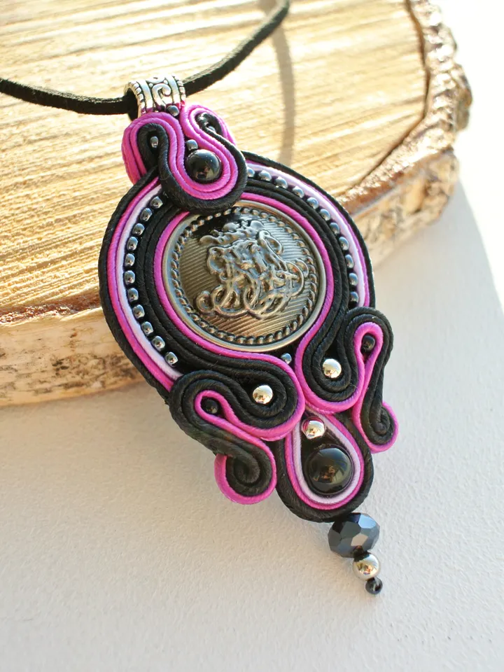 Black and pink boho necklace, Soutache pendant, Embroidered necklace, Ethnic necklace, Mandala