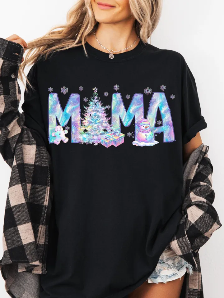 Iridescent Neon Christmas Mama Shirt Sublimation Christmas PNG Mama PNG Christmas Lights Sparkly PNG Neon Christmas png