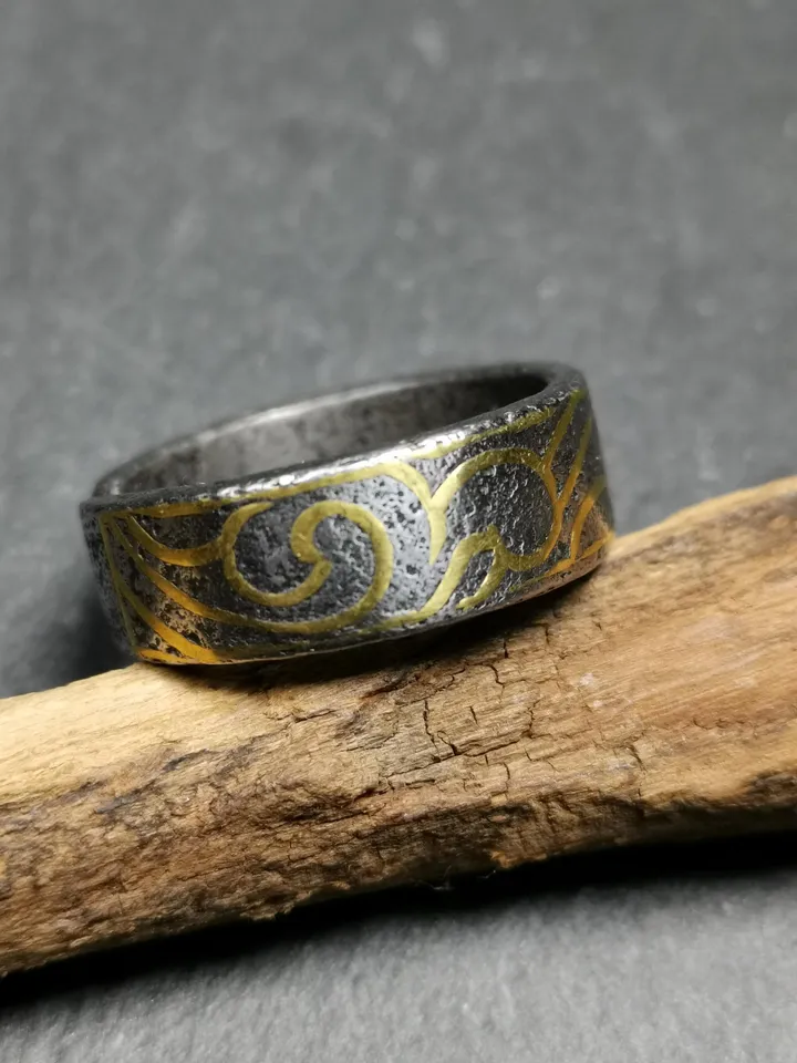 Gandhanra Unique Tibetan Cloud Pattern Ring | Cold Iron & Copper Inlay | Adjustable US Size 10 | Protection Jewelry