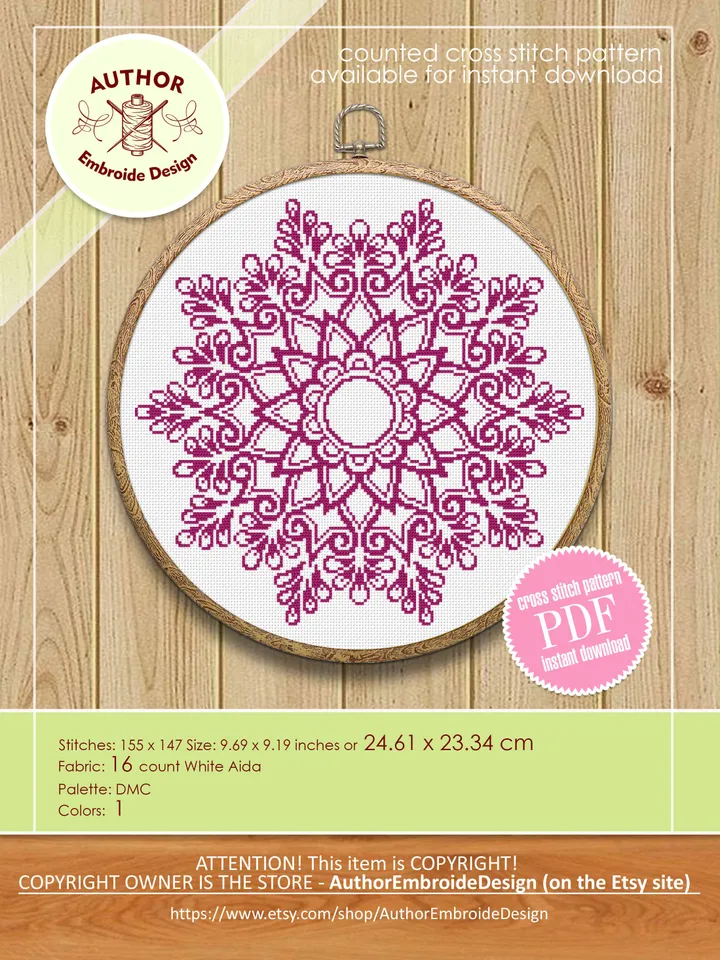 Flower mandala cross stitch pattern download PDF Floral ornament cross stitch, Monochrome cross stitch chart, Mandala pattern digital #M188