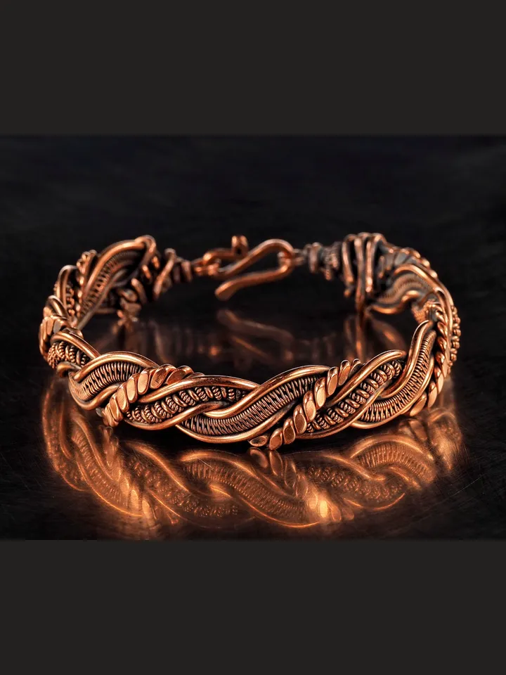 Wire wrapped bracelet, Unique 7th 22nd Anniversary gift idea, Art Nouveau antique style, One of kind braided statement bangle, Handmade oxidized pure copper jewelry, Pain relief, EMF protection