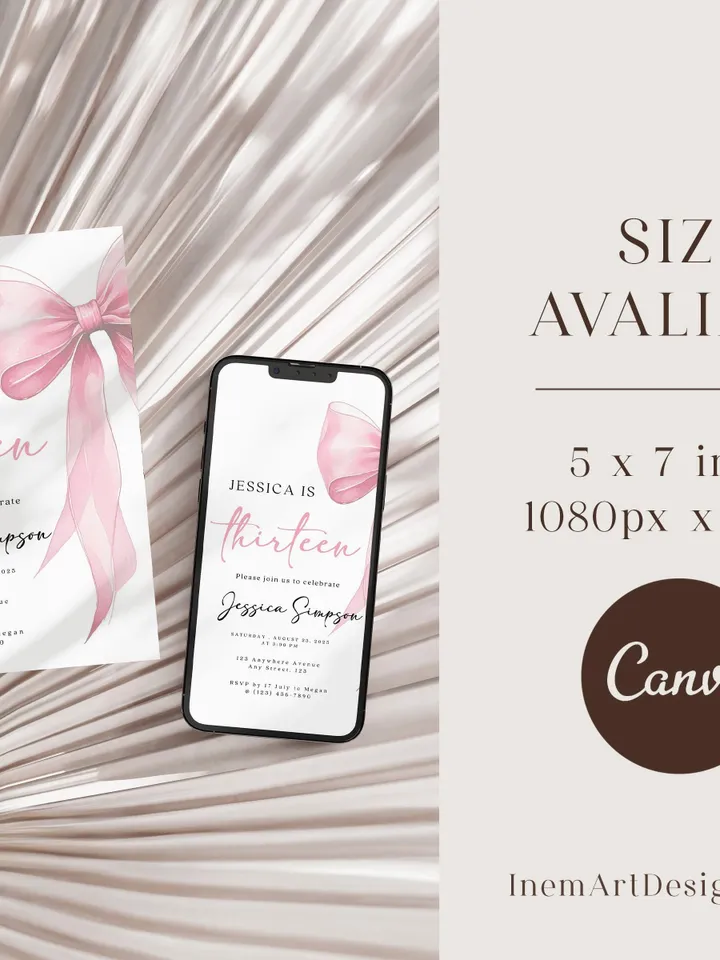 Tween Pink Bow 13th Birthday, Coquette 13th Birthday Invitation, Canva Pink Template, Editable Digital Invite, Trendy Girl Birthday Party