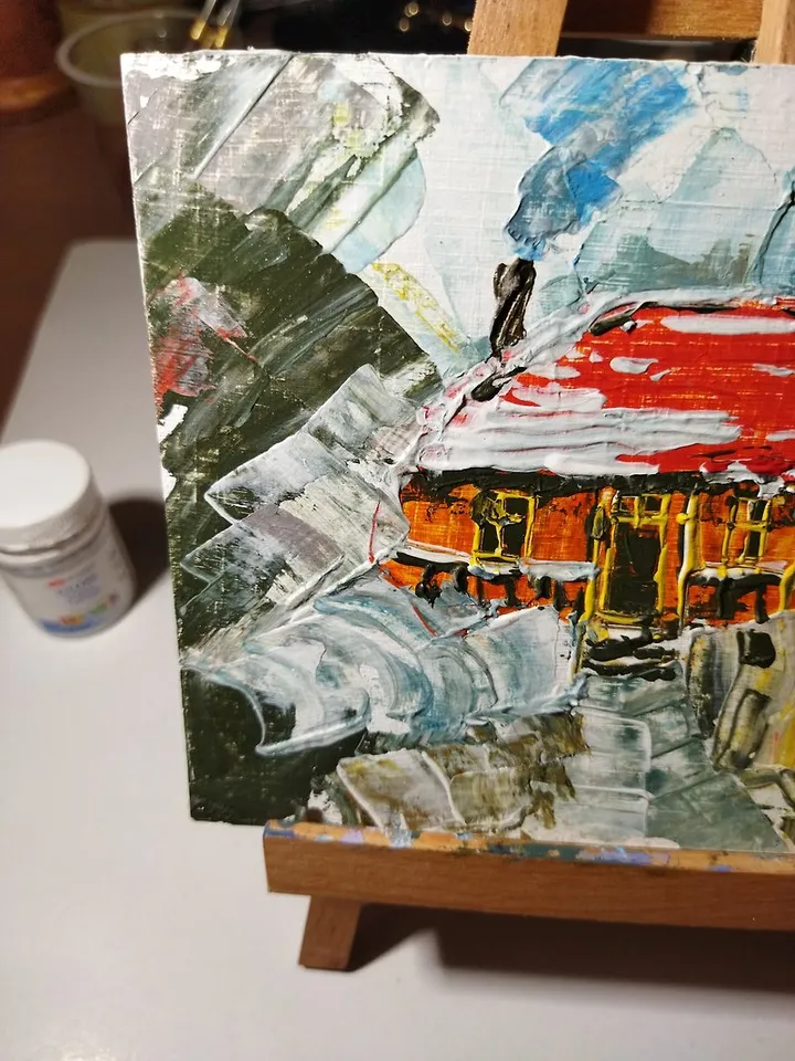 small picture of winter landscape,house in the forest,house in the snow,oil