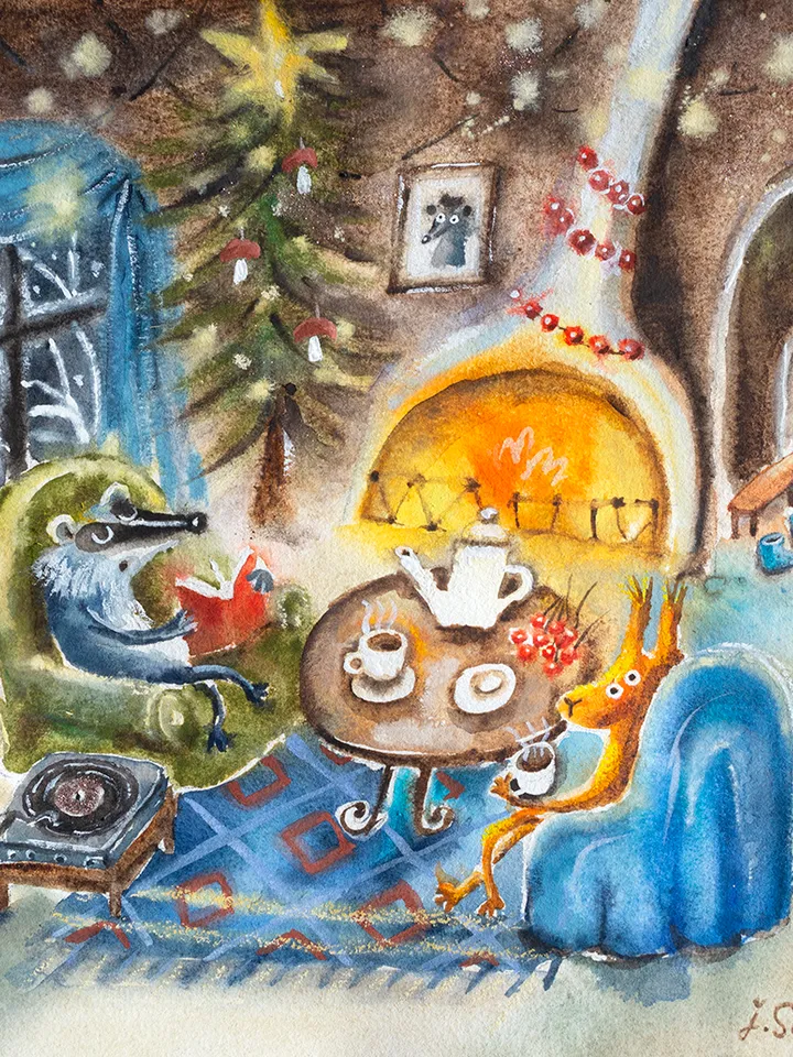 27×27cm Artwork by Julia Schigal "Dreaming of a White Christmas" - watercolor, gouache, pastel