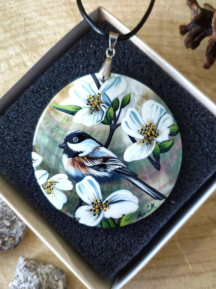 Pearl pendant necklace: Sparrow in wild roses on dainty handmade pendant • Elegant bird and floral necklace • Cute disc necklace for dress