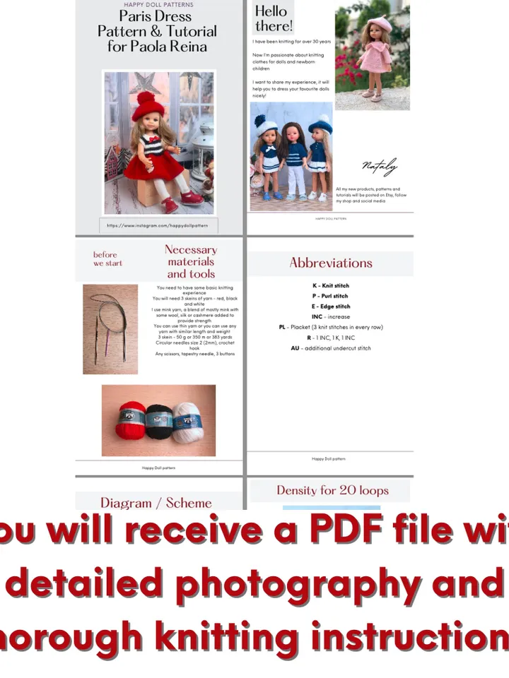 French Dress for Paola Reina doll KNIT PATTERN Oar dress for Boneka 12-13 inch doll, Ruby Red Siblies, Les Cheries 32 cm PDF eng