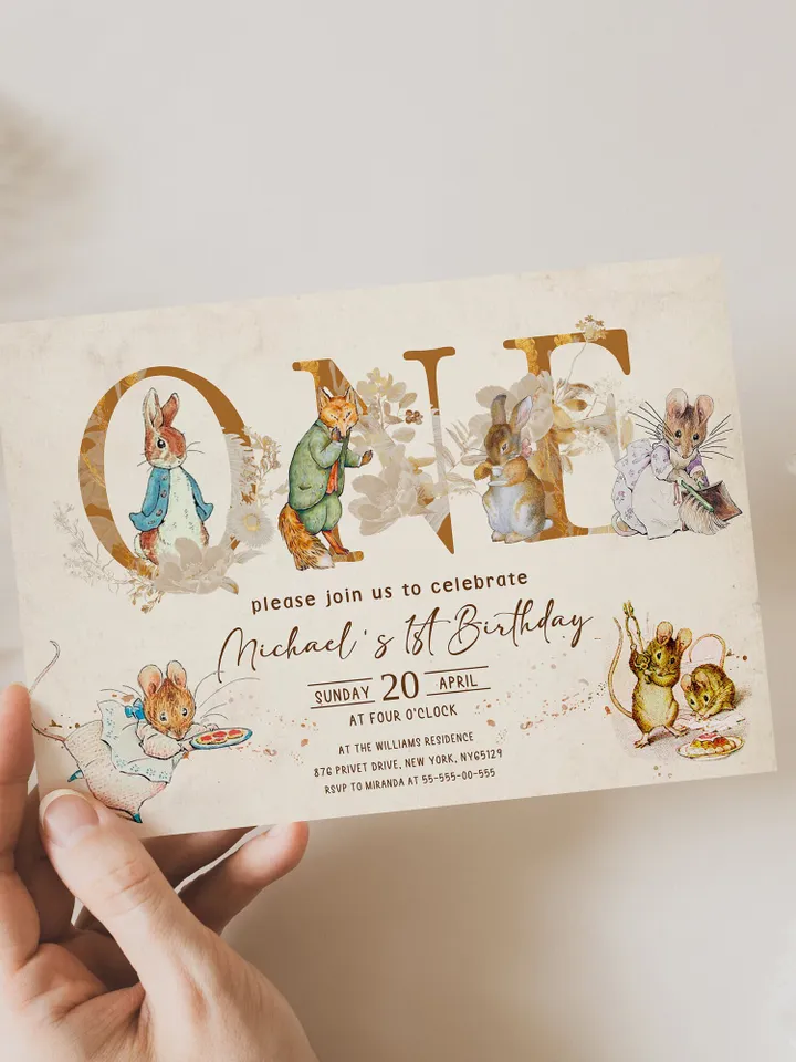 Rustic Peter Rabbit First Birthday Invitation Template;  Spring Bunny Classic Peter Rabbit Birthday Invitation  Handdrawn Peter Rabbit