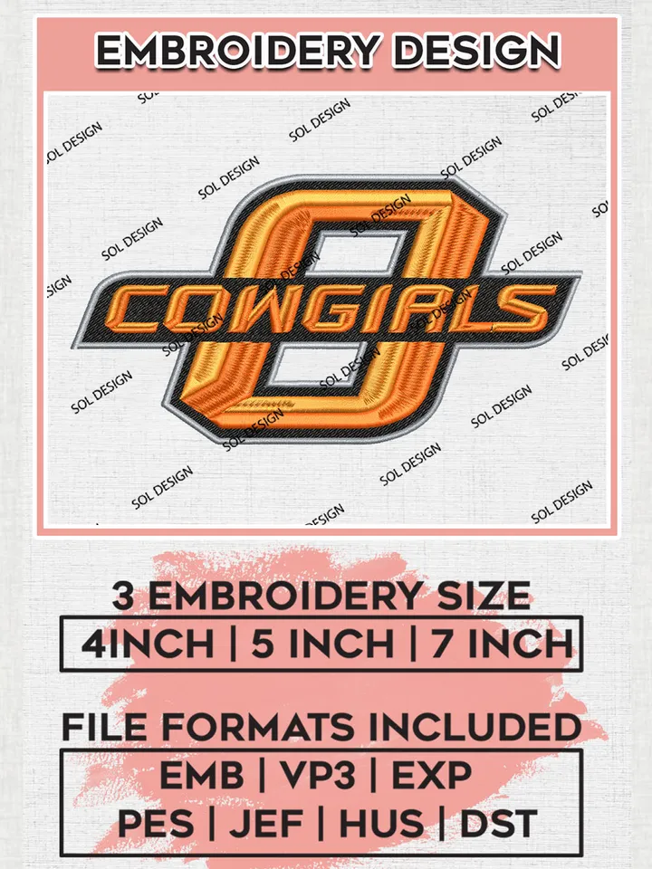 NCAA Cowgirls College Team Logo Embroidery Design Files, NCAA Oklahoma State Cowboys Machine Embroidery, NCAA Teams, 3 sizes, NCAA Machine embroidery designs, Digital Download