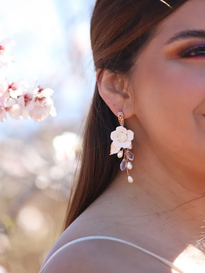 Delicate Flower Boho Wedding Earrings, Rose Gold Chandelier Statement Wedding Earrings, Floral Bridal Earrings, Swarovski Crystal Jewelry