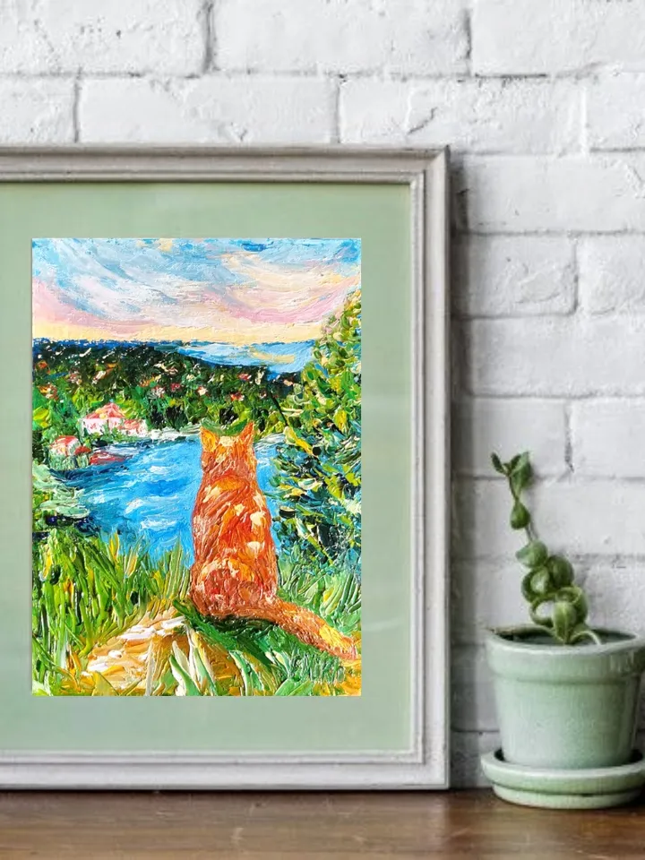 Textured oil painting "A red cat above eternal rest", 15x20*0.2 cm., 5,906x7,87 inches, 3d, impasto