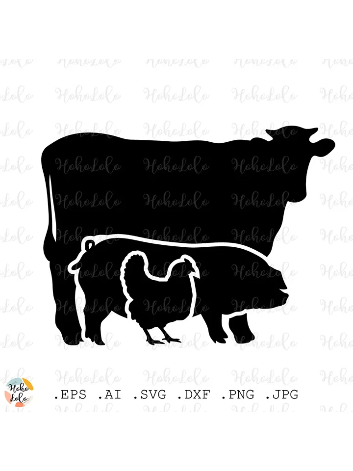 Farm Animal Svg, Cow Svg, Chicken Svg, Pig Svg, Farm Animal Silhouette, Farm Animal Stencil Template Dxf