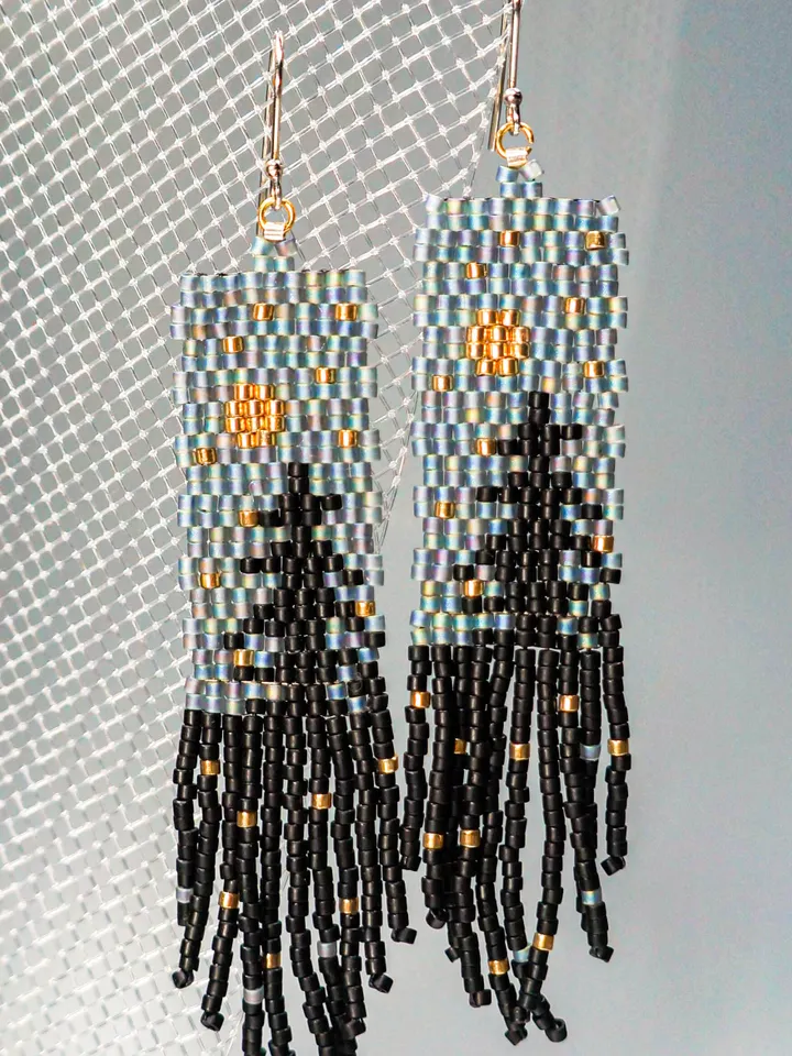Trees-Patterned grey sky at night Japanese Bead and sterling Silver Earrings: A Fusion of Elegance and Nature