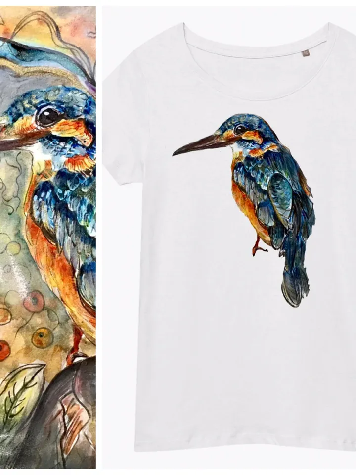 Kingfisher Women’s basic organic t-shirt made with my original watercolour painting,birds t shirts,unique handmade designer shirts for sale