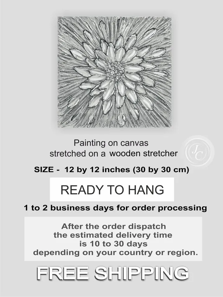 Silver Daisy Textured Flower artwork Original Painting Floral Wall Art Modern Wall Decor with Crystals