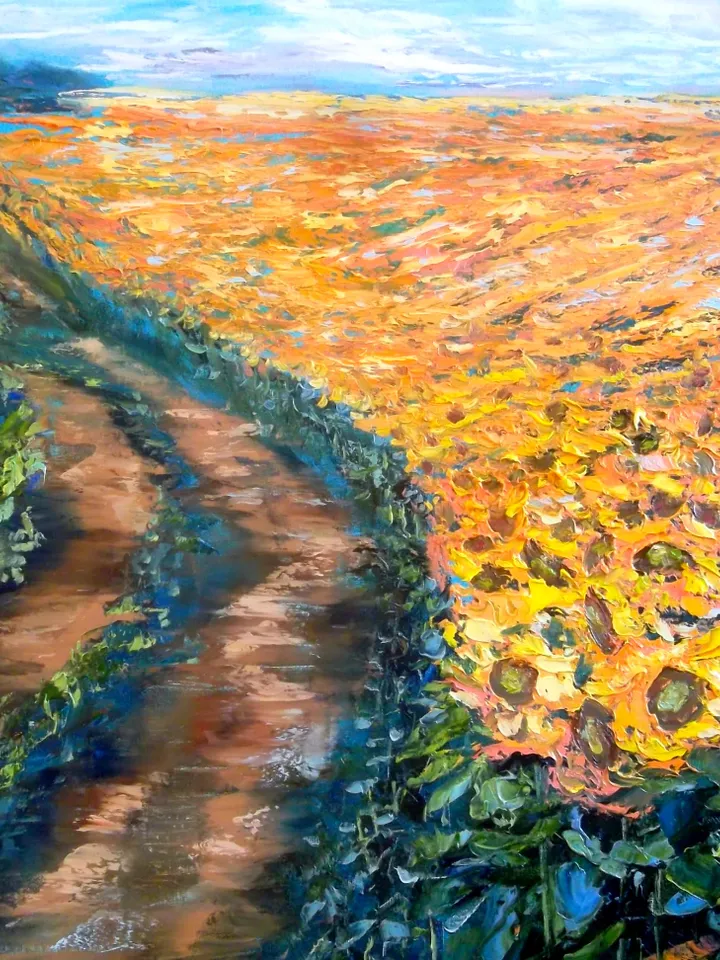 Sunflowers Field Impasto Art Original Oil Painting Large Canvas 32/40 Artist Svinar Oksana
