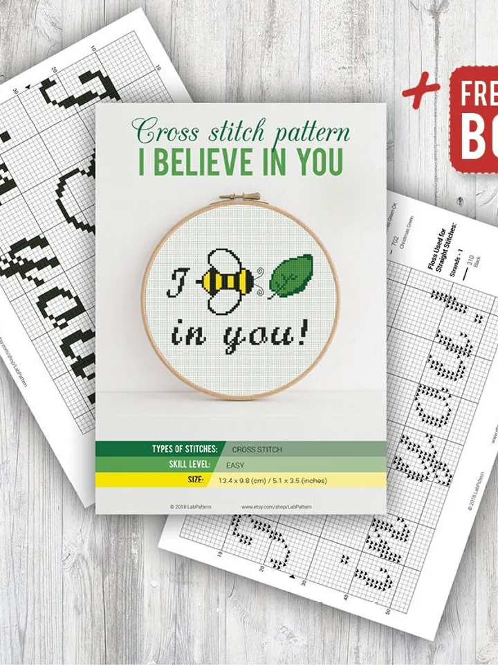 I Believe in You Cross stitch pattern Quote Cross stitch pattern Bee Leaf Rebus PDF Format Instant Download Home decor Modern