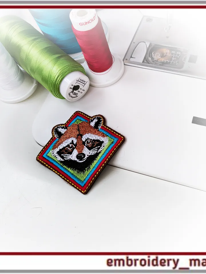 In The Hoop patch or pendant, or brooch with raccoon Machine embroidery design