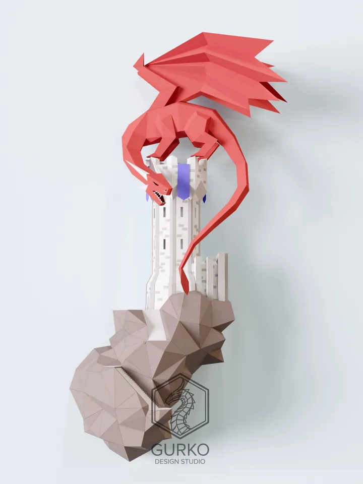 Papercraft Flying Island. Dragon Tower, Digital Template, PDF Download, Gurko, 3D Low Poly, Pepakura, DIY Origami Sculpture, Paper Decor