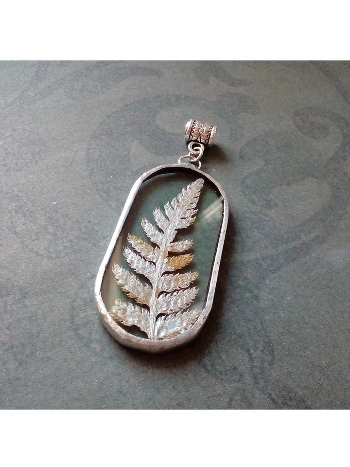 Valentine necklace, Stained glass necklace, pressed fern, Dry fern necklace, Terrarium pendaant
