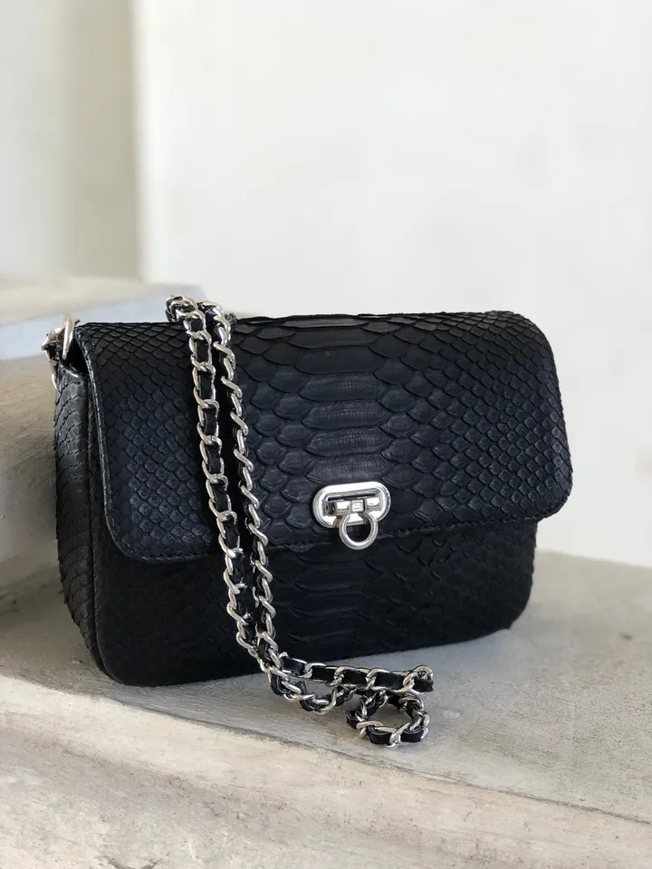 Genuine python skin Gino bag | Black crossbody Bag | Classy Chain Crossbody Women Bag | Exotic Leather Bag | Designer Handmade Bag