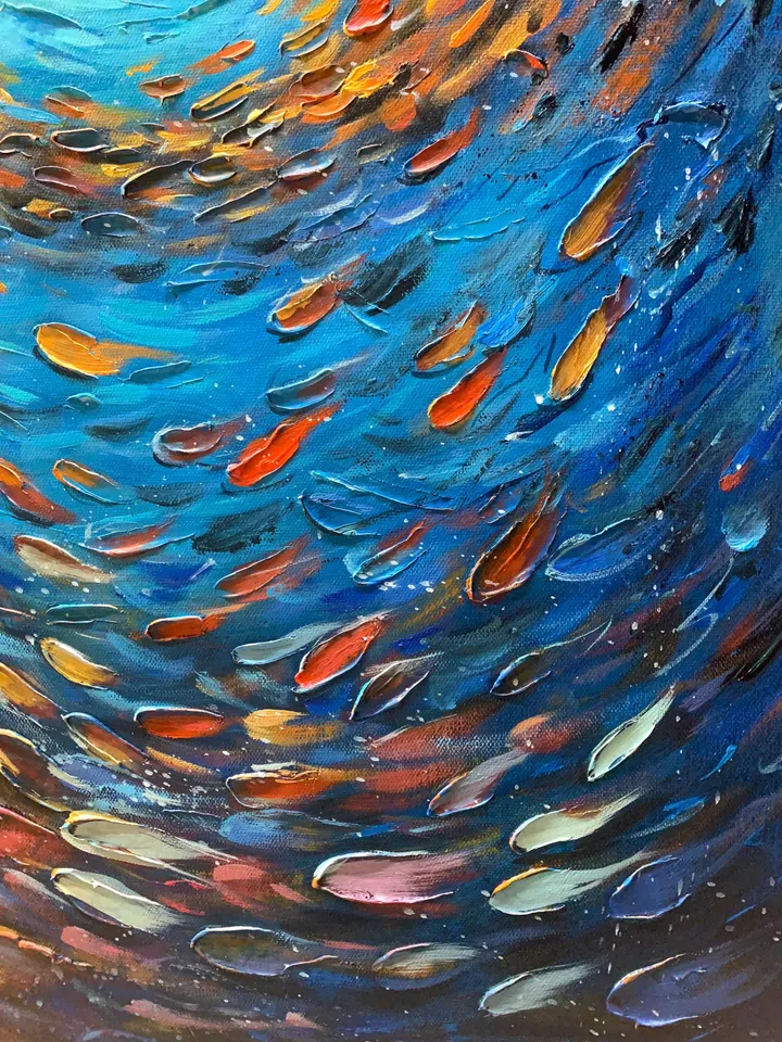 Original School of Fish Oil Painting On Canvas, Abstract Blue Underwater World Art, Ocean Painting, Custom Painting, Living Room Wall Art