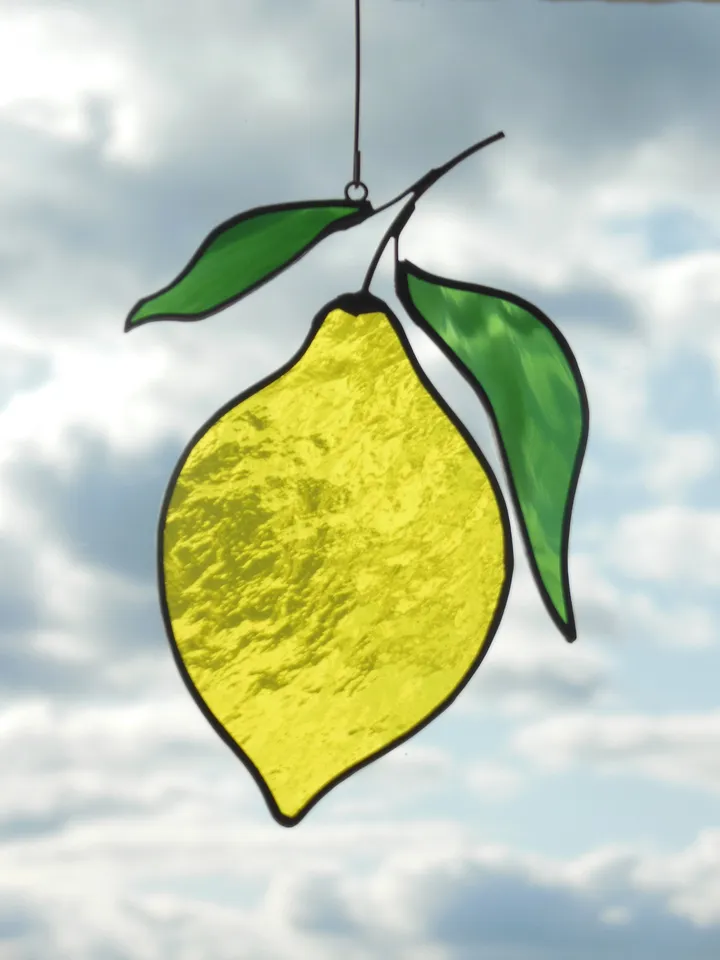 Lemon stained glass window hanging Suncatcher (texture RR) Fruit Kitchen Decor