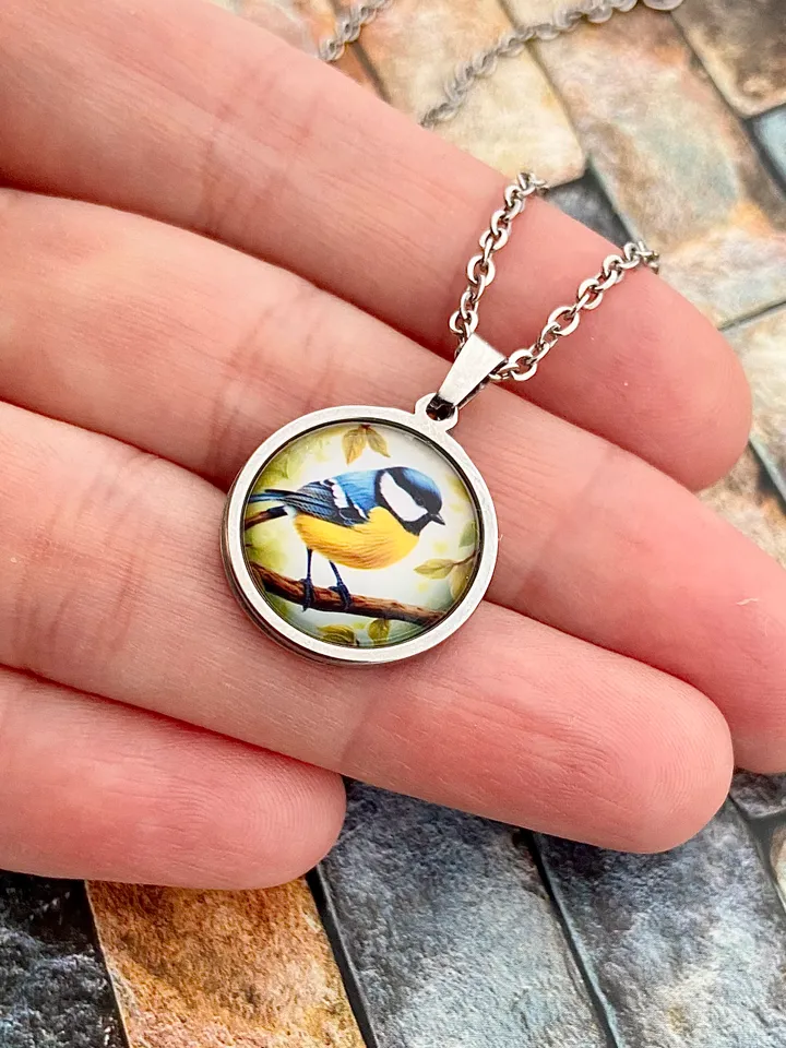 Titmouse bird, steel pendant with glass