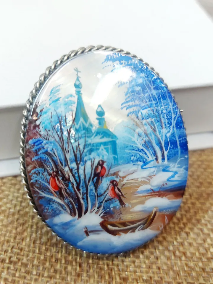 Mother-of-pearl Russian brooch "Russian Winter", Miniature hand-painted, Russian fine art jewelry, Аbalone shell. Russia gift for woman. Pin
