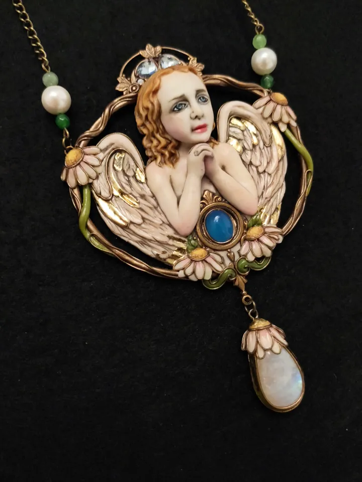 Necklace guardian Angel, Vintage Angel Pendant,Angel charm, Victorian Necklace