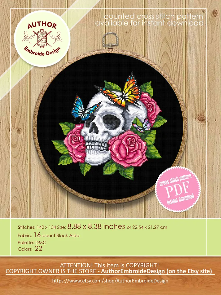 Human skull with flowers cross stitch pattern PDF download Gothic cross stitch chart, Day of the dead, Floral skull embroidery PDF #H59