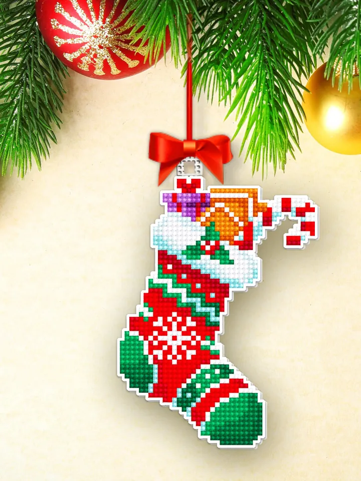 Christmas sock cross stitch pattern PDF download Double-sided Christmas tree decor for plastic canvas, Stockings cross stitch chart #N131
