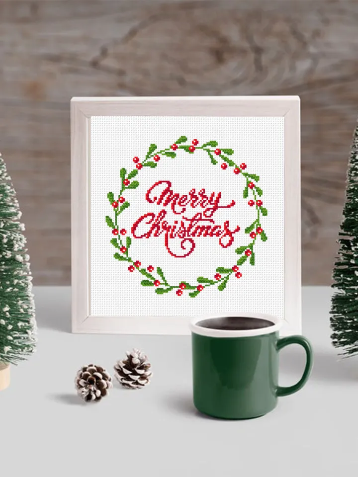 Red berry wreath cross stitch pattern PDF Merry Christmas cross stitch chart, Holiday small cross stitch, Instant download PDF #N35