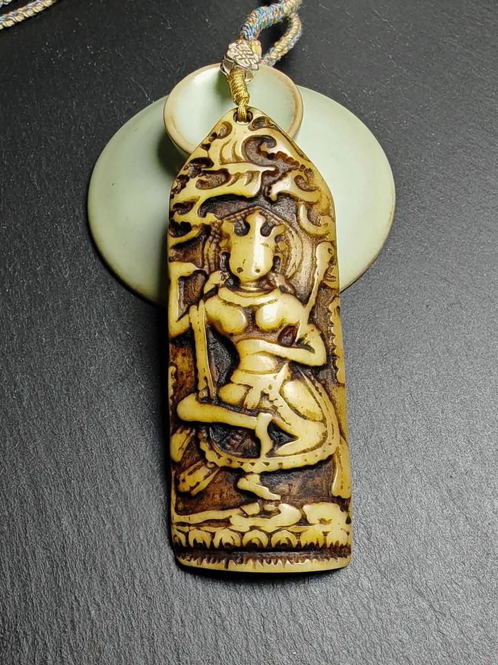 Gandhanra Vintage Yak Bone Carved Troma Nagmo Amulet - Tibetan Buddhist Black Dakini Female Deity Pendant