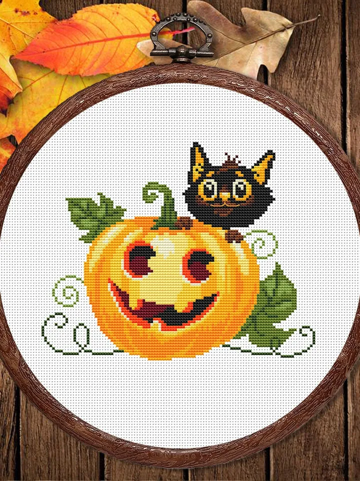 Happy Halloween Cross Stitch Pattern, Halloween Cat Cross Stitch Pattern, Pumpkin Cross Stitch Pattern, Cat on the Pumpkin #hld003