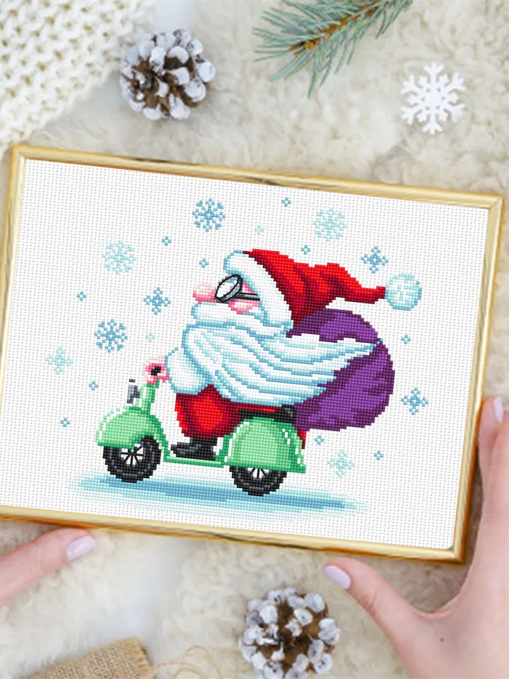 Funny Christmas santa cross stitch pattern download PDF, Santa Claus cross stitch chart, Winter holiday embroidery, Santa on motorbike #N65
