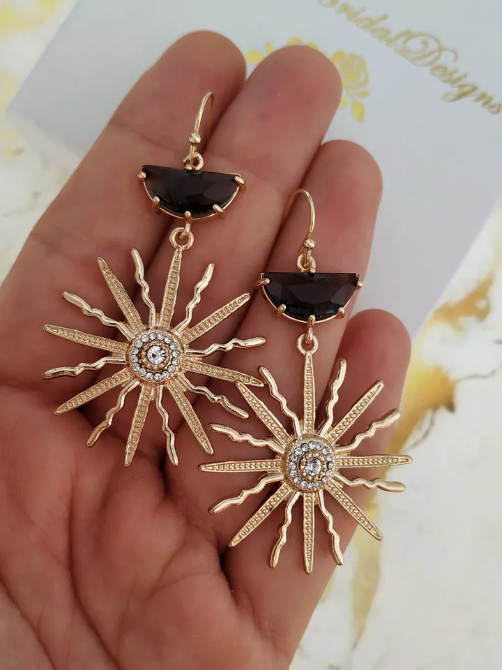 Art Deco Wedding Earrings, Gold Black Boho Bridal Earrings, Sun Celestial Statement Wedding Earrings For Bride, Star Bridal Earrings Jewelry
