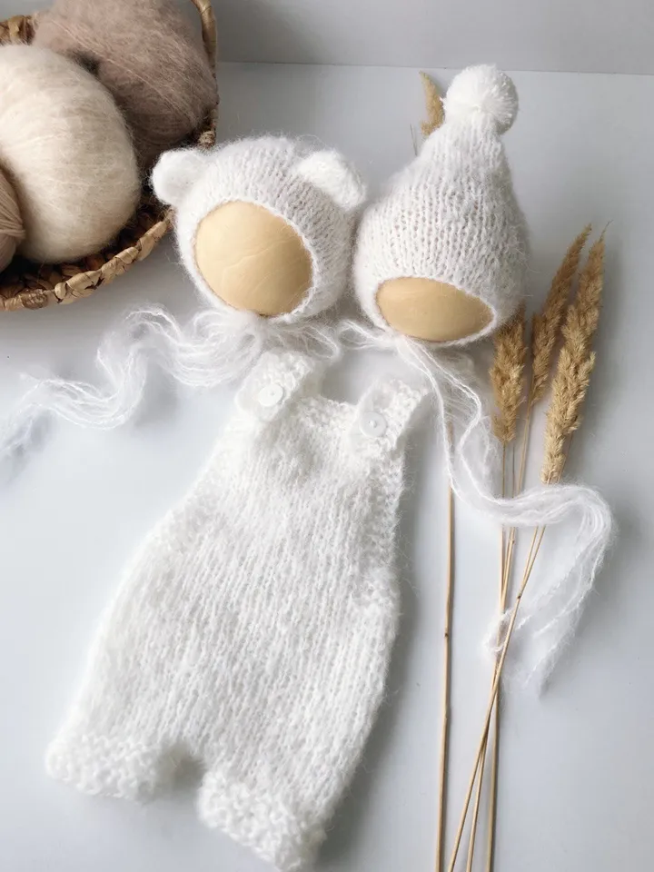 Airy fluffy romper for newborns. Knitted newborn photo props.