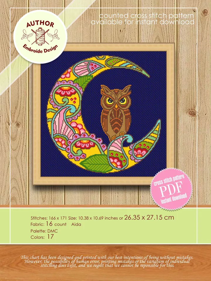 Crescent moon cross stitch pattern download PDF, Colorful mandala cross stitch, Mandala pattern digital PDF, Owl cross stitch chart #M98