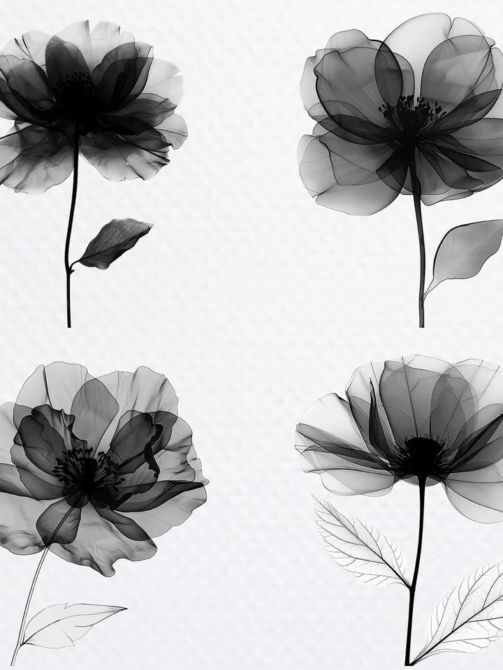 16 Abstract Black Flowers PNG Bundle, Flowers Printable Watercolor clipart sublimation, High Quality scrapbook PNG, Paper craft junk journal