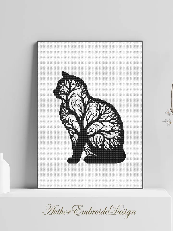 Cat tree silhouette cross stitch pattern PDF download Cat cross stitch chart, Simple pattern digital PDF for beginner, Tree of life cat #K55
