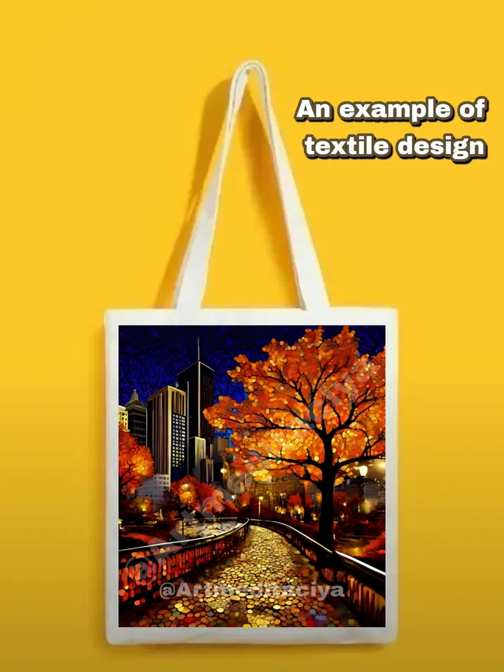 Modern digital painting "Autumn New York" is an abstraction of the night city in a bronze-gold shade with gray-blue, yellow-orange black inclusions in the Zenart style, pointillism, interior painting