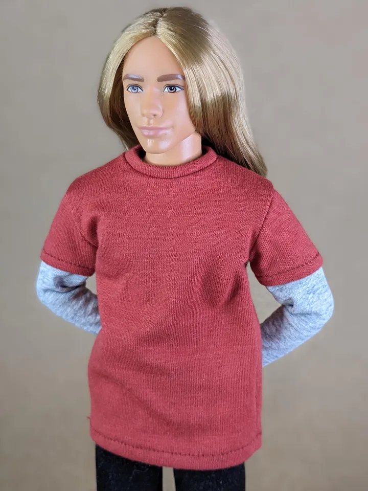Red & gray long-sleeve T-shirt for 12-inch fashion male dolls