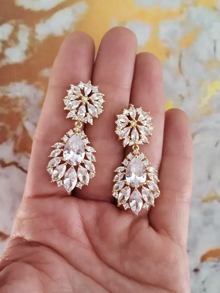 Diamond Gold Wedding Earrings | Flowers Bridal Earrings | Chandelier Statement CZ Earrings | Gold Jewelry for Bride | Bridal Jewelry |