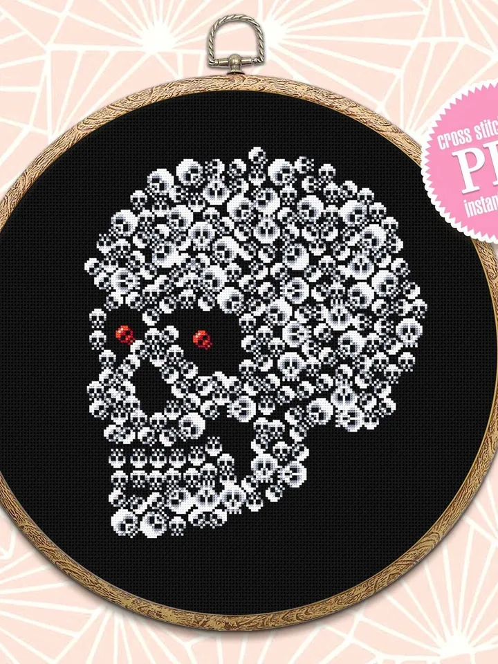 Halloween skulls cross stitch pattern download PDF Gothic ornament cross stitch chart, Horror Halloween pattern, Skull embroidery PDF #H51