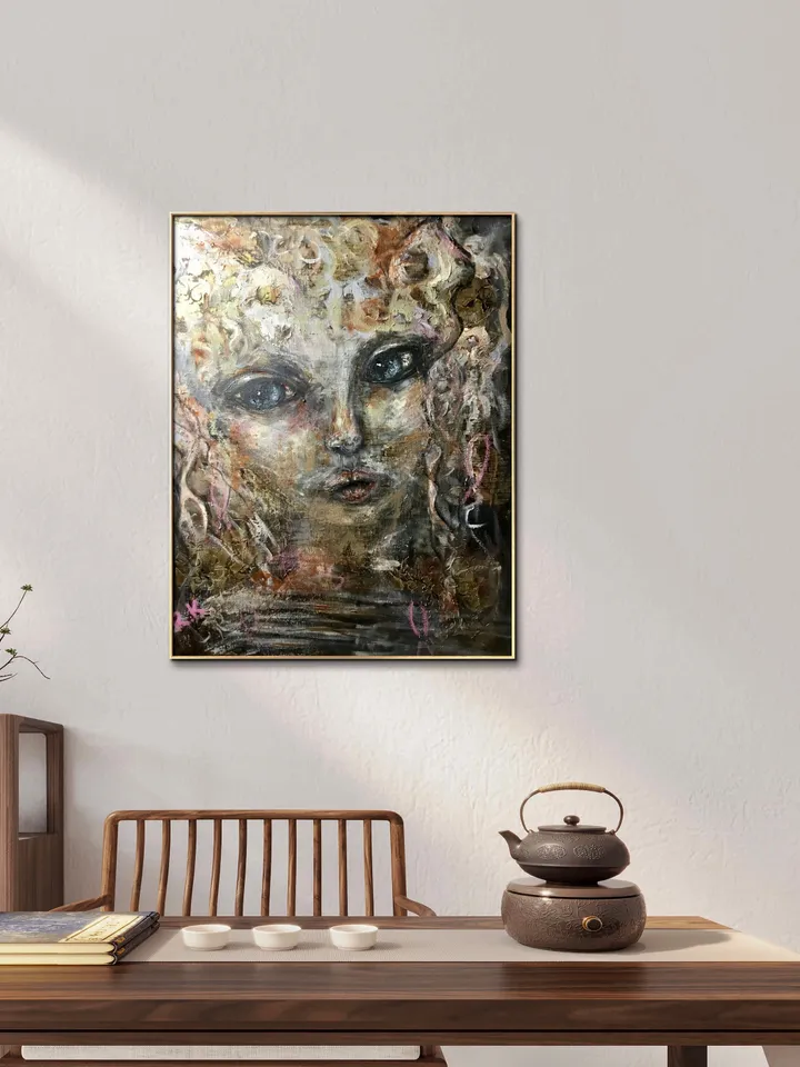 Fantasy woman-cat original acrylic mix media painting on canvas,one of a kind.