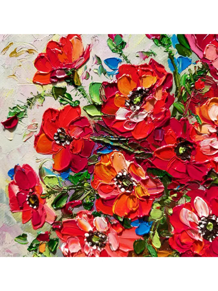 Original Oil Painting Poppies Bright Bouquet of Flowers 8" by 8" (20х20sm ) by OilPaintingNatali