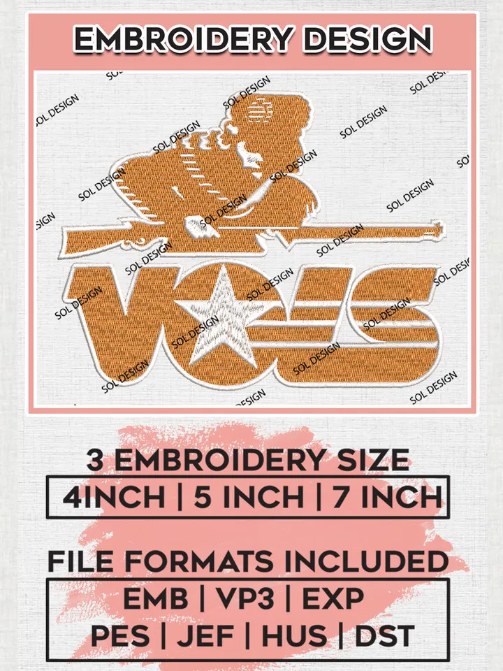 NCAA Volunteers Team Logo Embroidery Design Files, NCAA Tennessee Volunteers Machine Embroidery, NCAA Teams, Game Day, 3 sizes, NCAA Machine embroidery designs, Digital Download