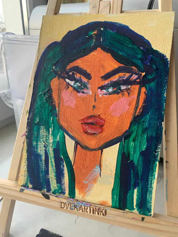 portrait of a girl with green hair bright mini-painting acrylic