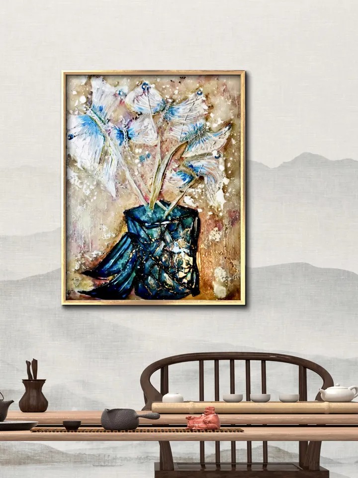 Fantasy butterflies in a vase Poster made from my original stained glass painting,unique design,home decor gift.