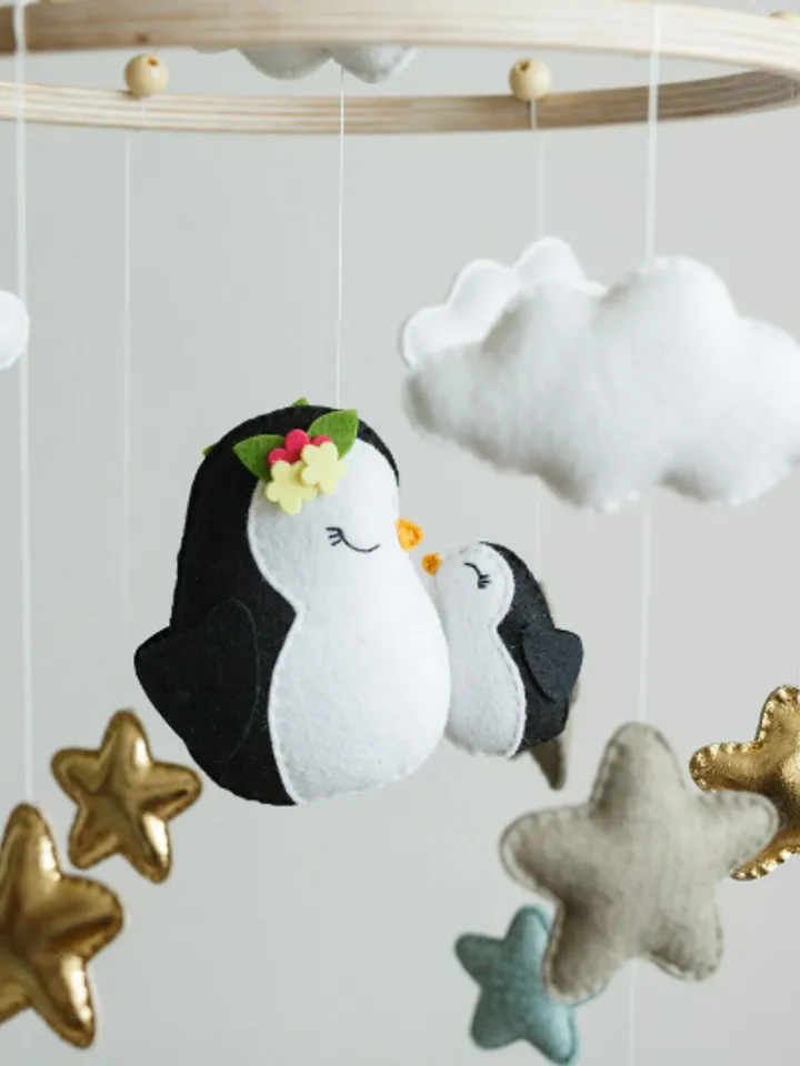 Handcrafted Penguin and Stars Themed Felt Baby Mobile - Customizable Nursery Decor